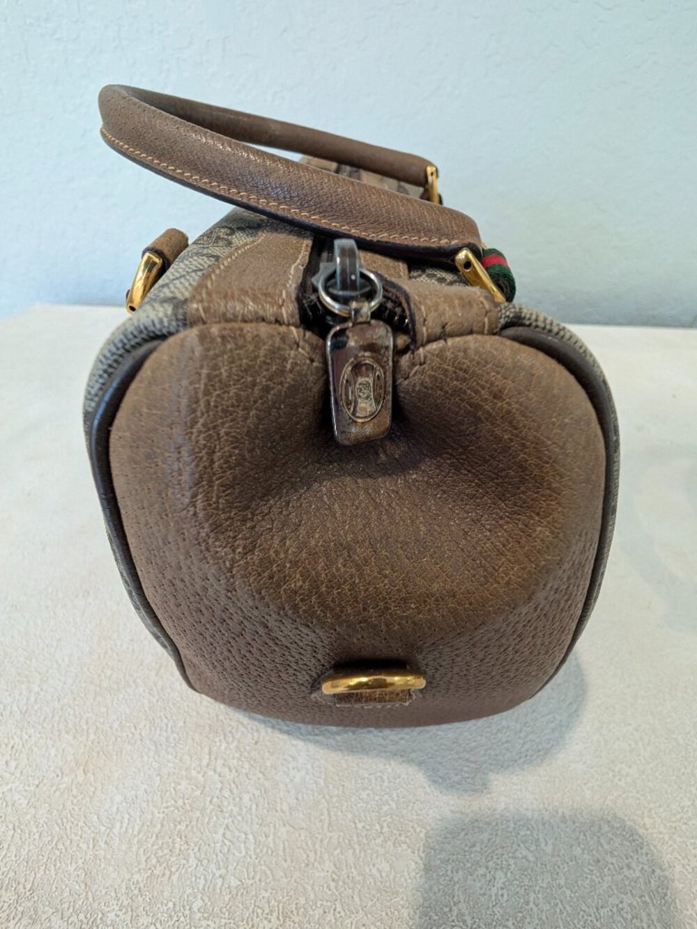 Vintage Gucci GG Monogram Boston Bag Brown Mahogany Web Stripe Top Handle Satche - Picture 9 of 10